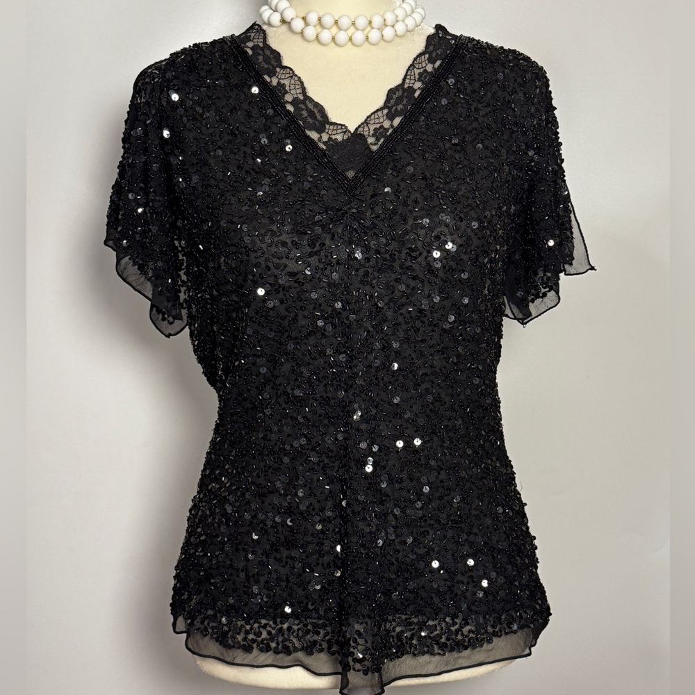 Adrianna Papell Black Sequin Lace Top - Picture 3 of 3